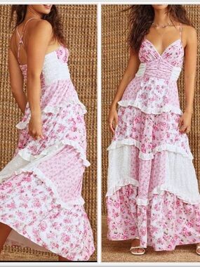 Pink Floral Tiered Maxi Dress with Lace Trim